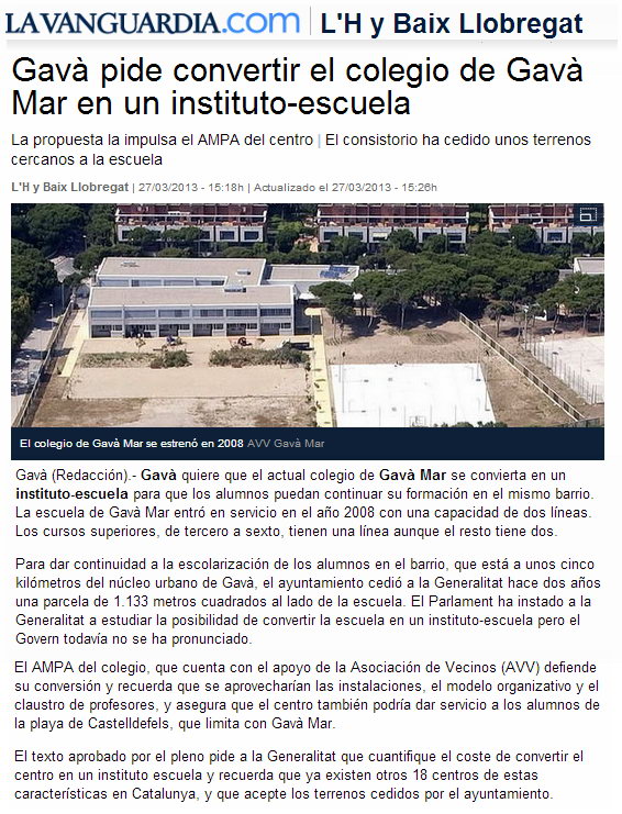 Noticia publicada en la edicin digital del diario La Vanguardia sobre la declaracin poltica del Pleno del Ayuntamiento de Gav para la conversin de la Escuela Gav Mar en un Instituto-Escuela (27 Marzo 2013)